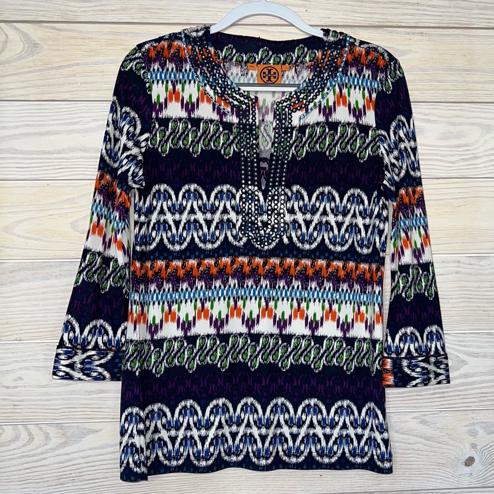 Tory Burch tunic with beading detailing around neckline.